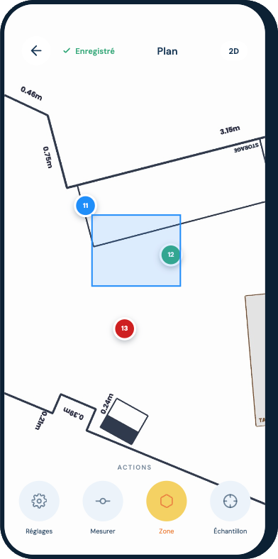 LiDAR plan scan with zones and sample markers